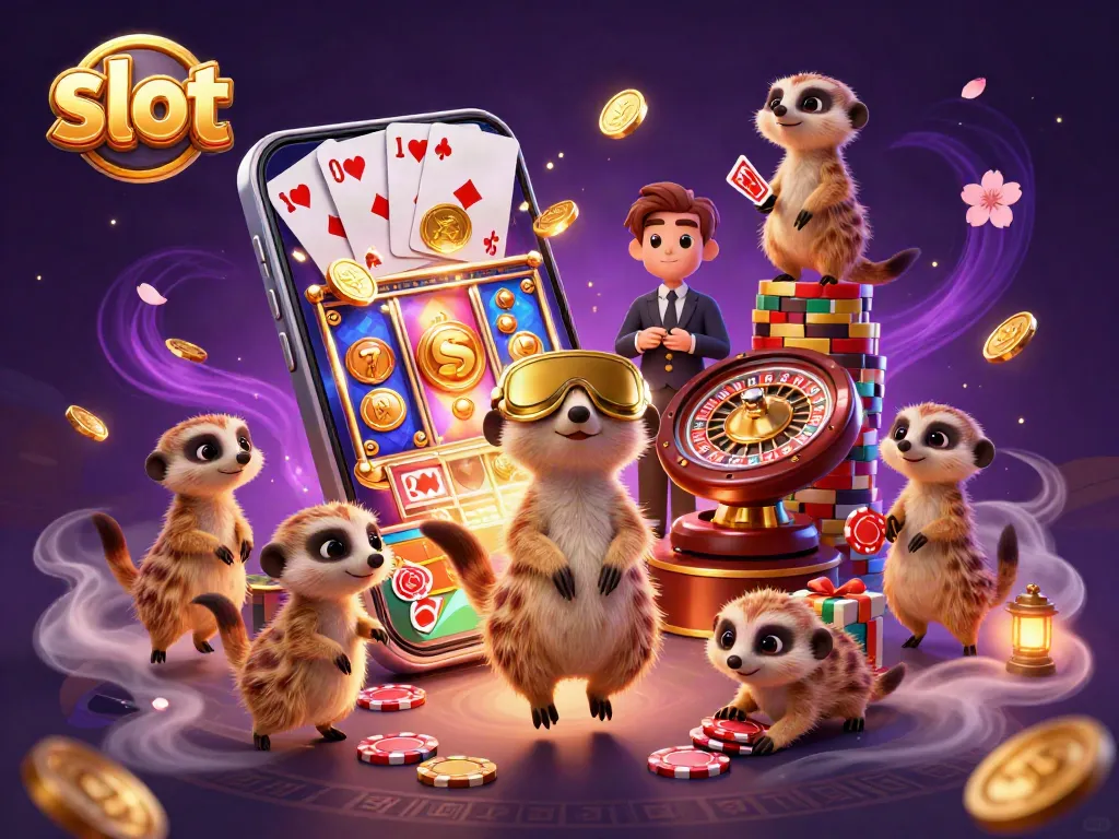 Merekat bermain slot dengan smartphone 3D yang menampilkan permainan slot berputar dan tumpukan chip di kasino.