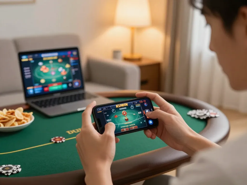 Kuwin player eagerly scrolling through online poker options on a smartphone at home.