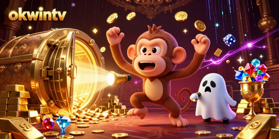 Engage with the action on okwintv as the mischievous monkey juggles coins in a vibrant casino scene.