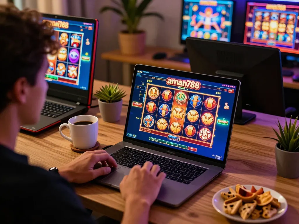 Pemain memutar aman788 slot gacor online, menikmati sesi permainan yang dinamis di rumah sambil menikmati camilan.