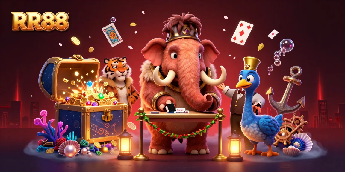 Engage with RR88's vibrant casino world featuring a woolly mammoth bouncer and saber-tooth tiger guest amidst treasures.