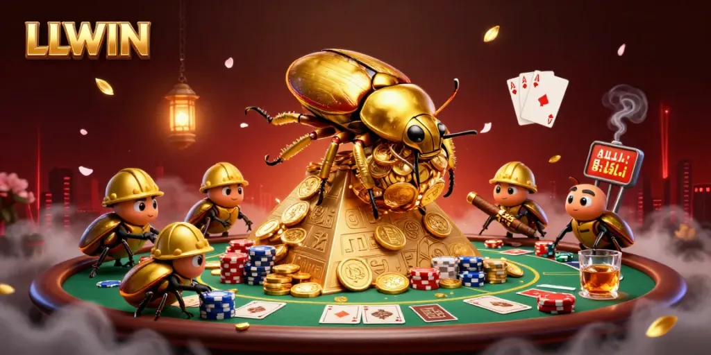 Experience the excitement of LLWIN with a golden beetle rolling coins amidst a vibrant casino scene.