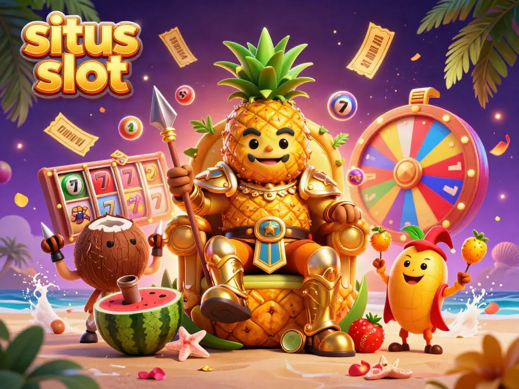 Situs slot promotion with a golden pineapple king and vibrant casino elements in an ultra-detailed illustration.