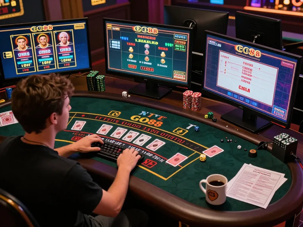 Player engaging with GO88 live dealer games on multiple screens, immersed in online gambling excitement.