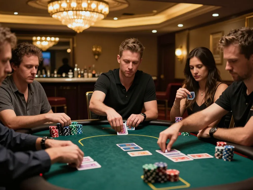 Players engaged in an intense poker game at an upscale casino, showcasing thrilling bl555 gameplay.