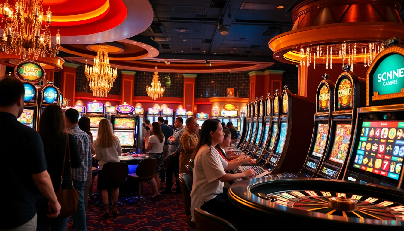 Engaged gamblers playing vibrant 슬롯사이트 slot machines in a luxury casino atmosphere.