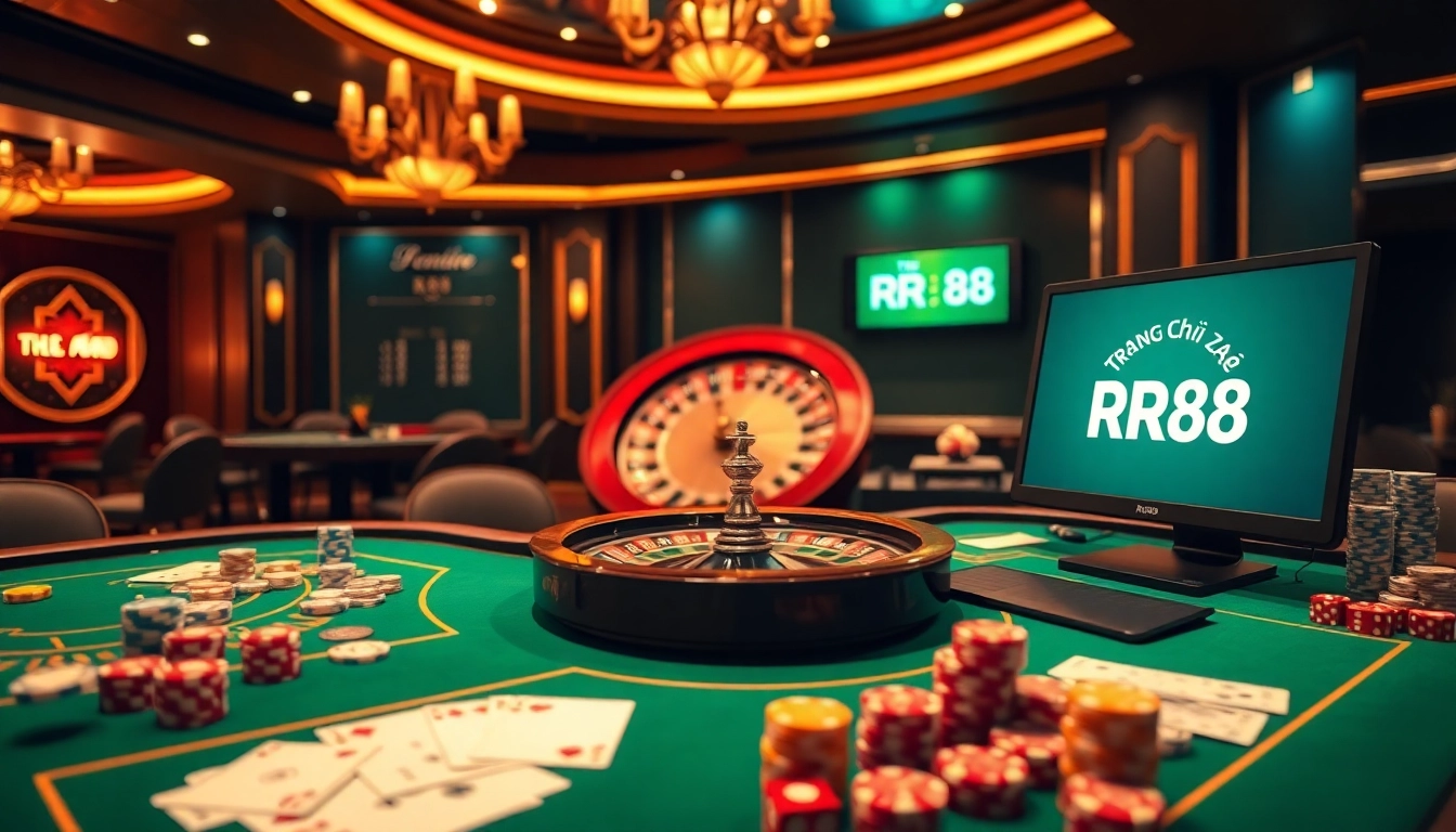 Experience excitement at Trang Chủ RR88 with vibrant casino tables and online gaming interfaces.