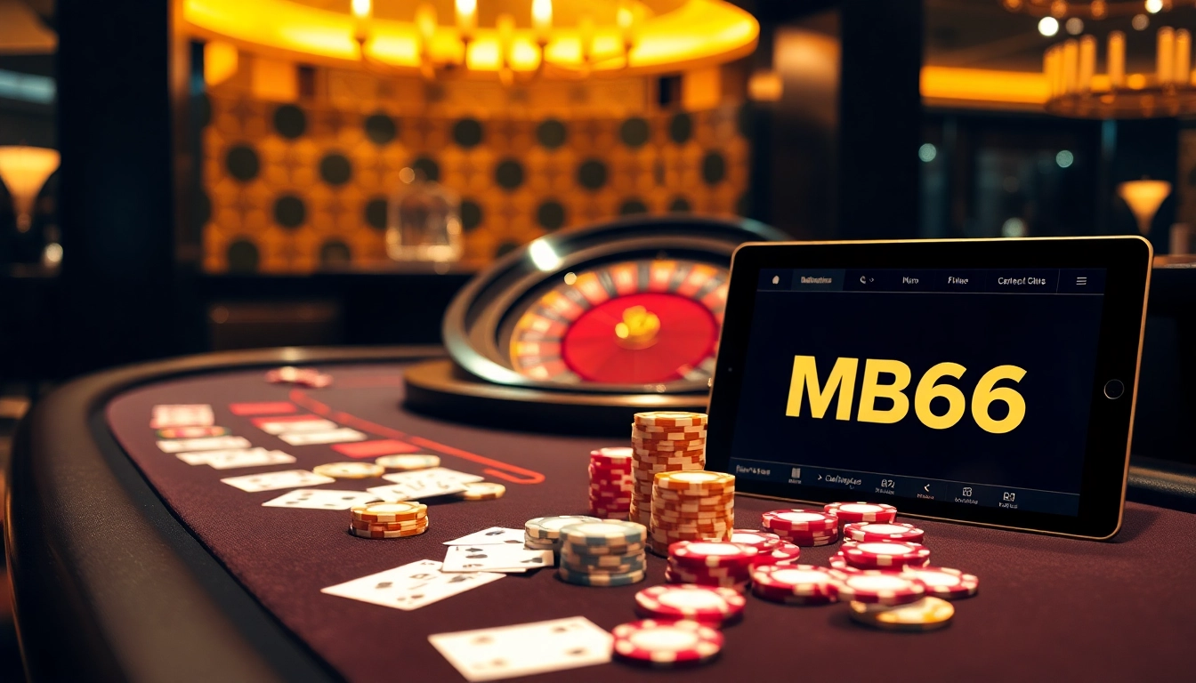 Experience thrilling moments at MB66 casino with a vibrant poker table and roulette wheel.