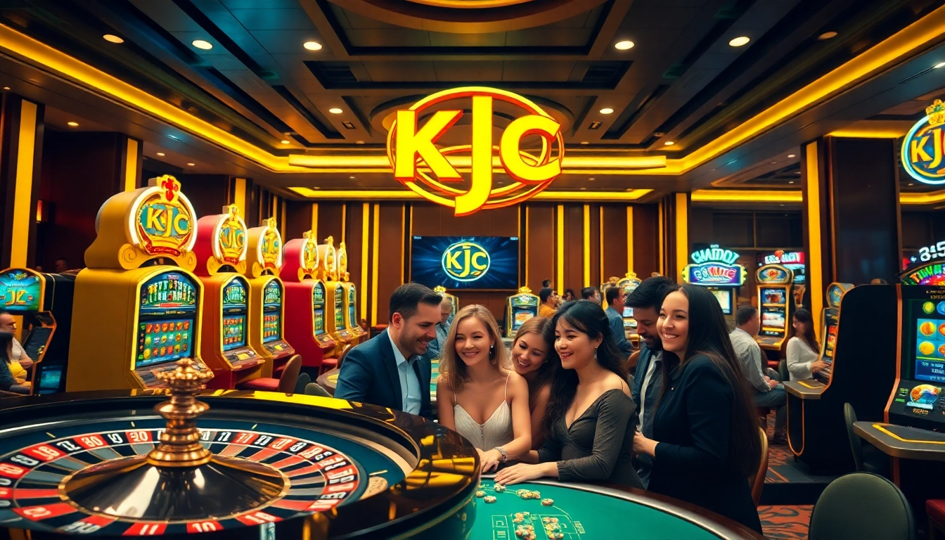 KJC-enhanced casino scene showcasing players engaging with vibrant slot machines and a roulette wheel.
