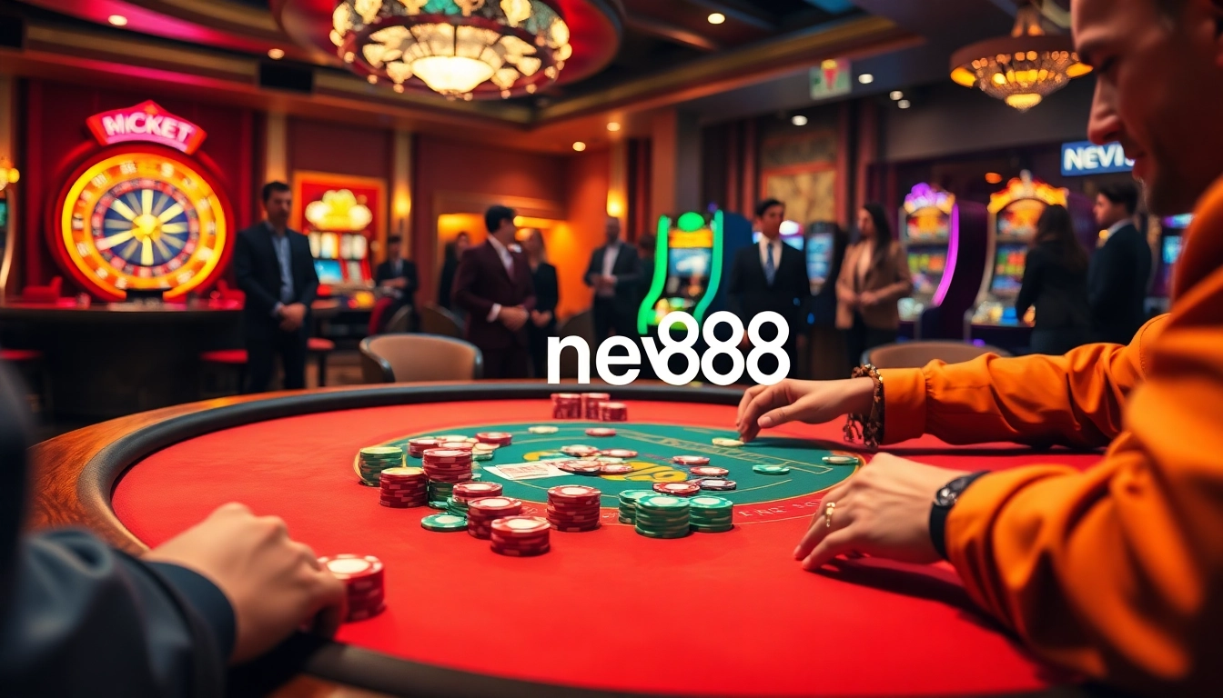 Engaging scene of a high-stakes poker table at new888 casino, showcasing excitement with chips and cards.