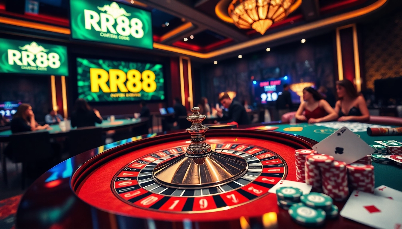 Gamblers enjoying a luxurious gaming experience at the RR88 casino, featuring roulette, poker chips, and cards.