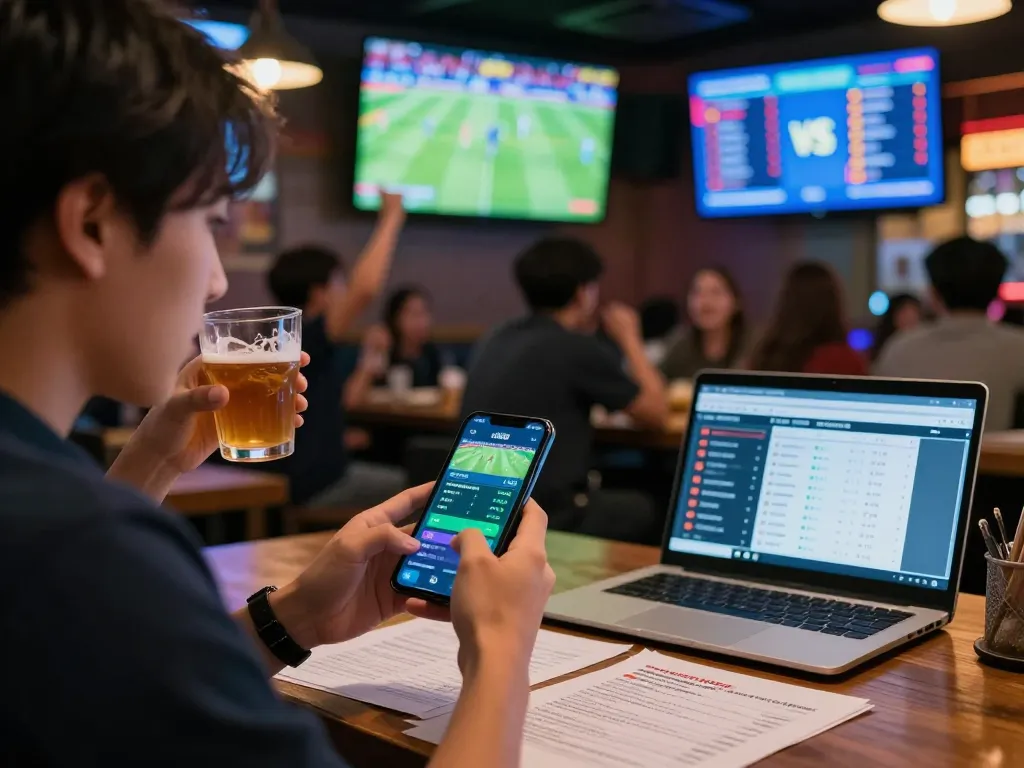 Kèo bóng đá hôm nay being analyzed on a smartphone during a live sports betting event in an energetic setting.