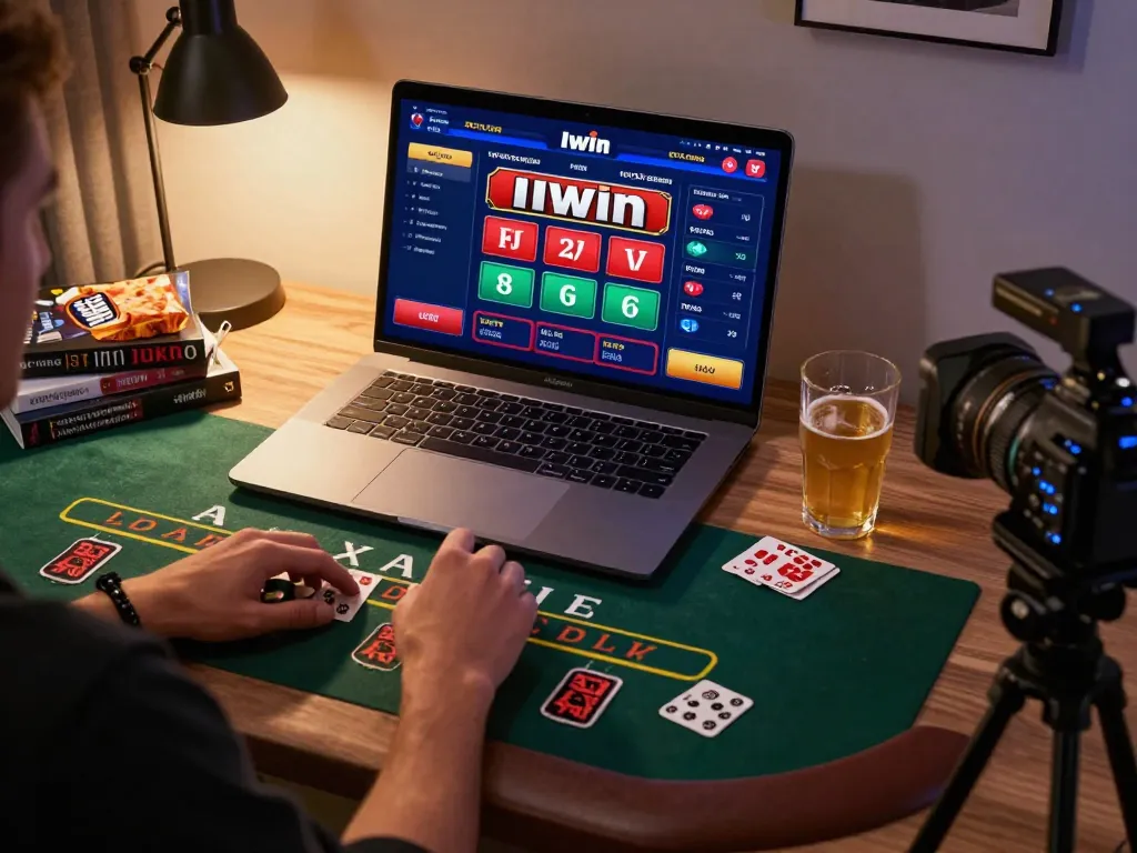 Iwin players focusing on live dealer blackjack online, showcasing a personal gaming setup in a warm home environment.