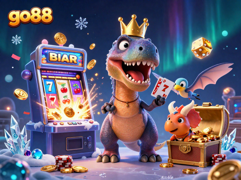 Experience go88 with a fun T-Rex shuffling cards and friends in a lively casino scene.