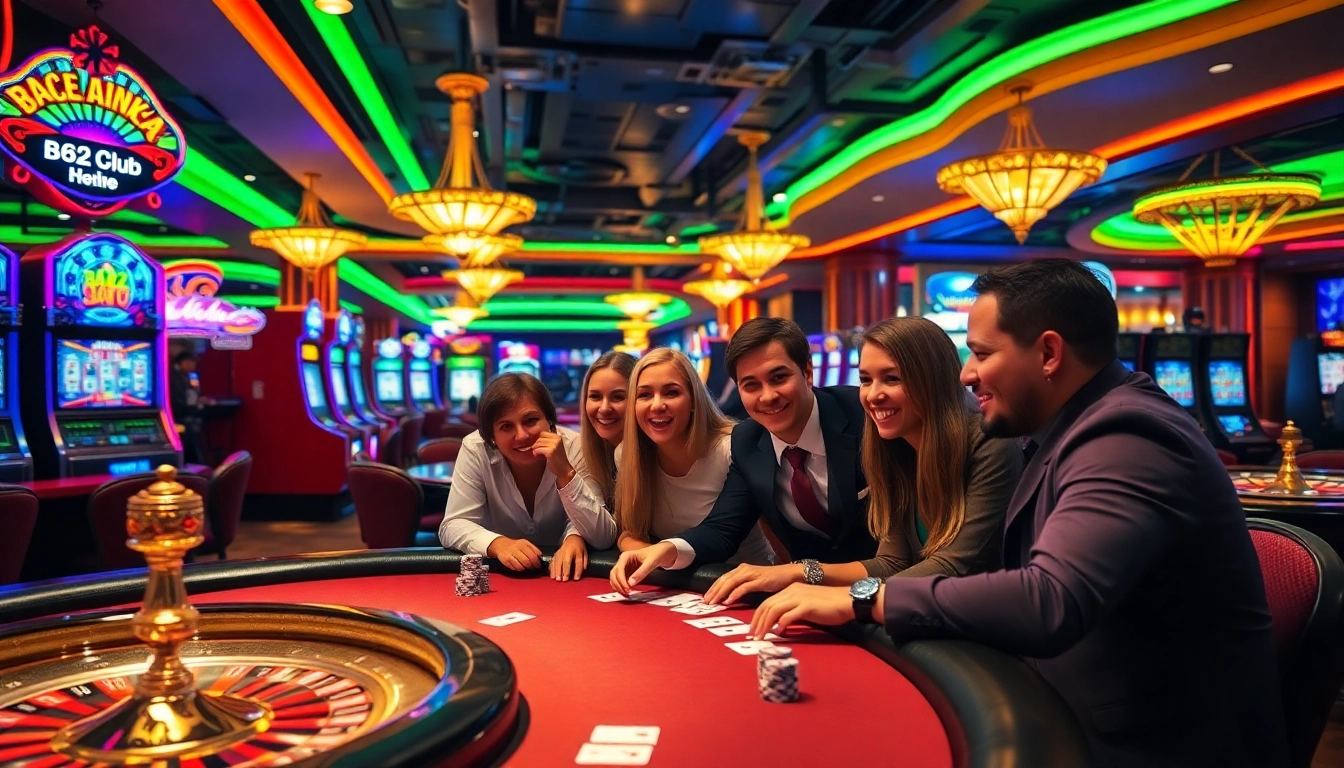 Experience thrilling gameplay at B52club with vibrant slot machines and engaged players at poker tables.