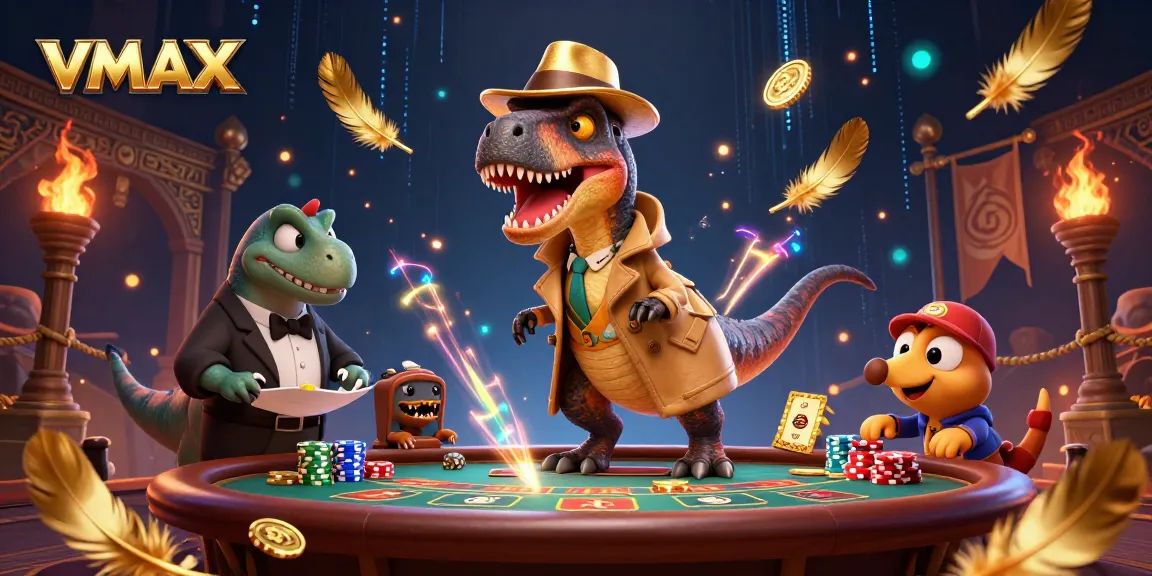 VMAX gaming scene with a velociraptor card counter, depicting exciting casino action and suspense.
