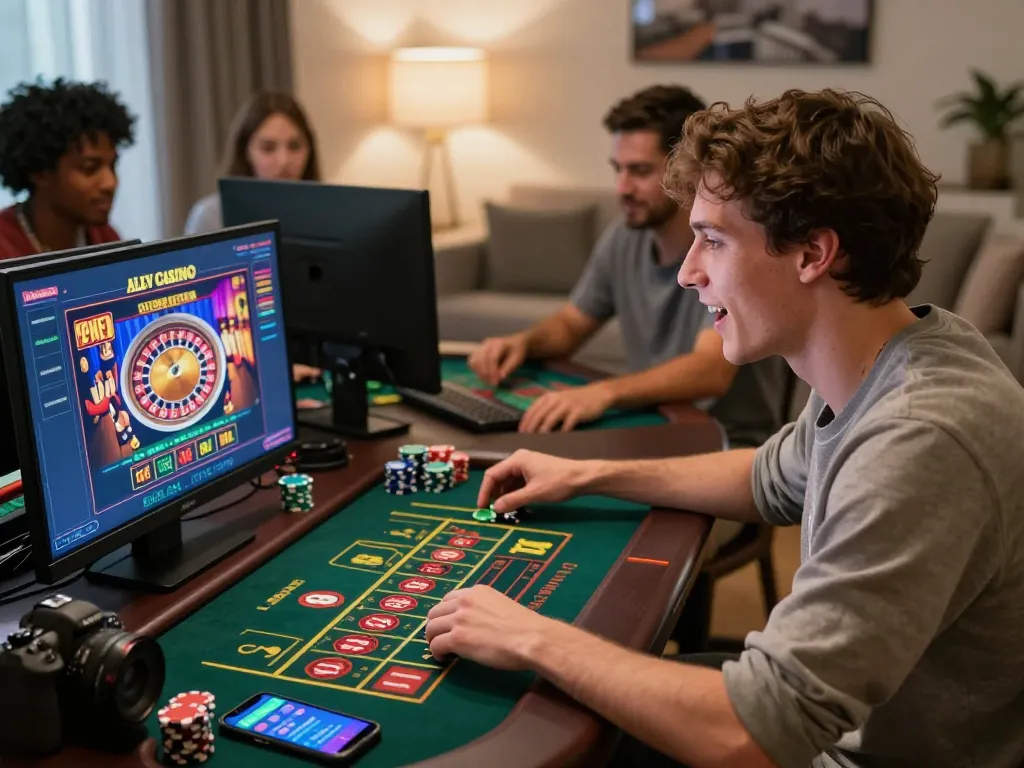 Alev Casino kumar experience in a vibrant online gaming scene with players enjoying live roulette and colorful slot games.