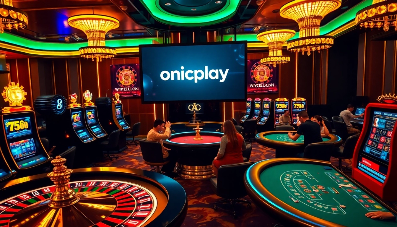 Experience the thrill of gaming with Onicplay, showcasing lively slot machines and poker tables.