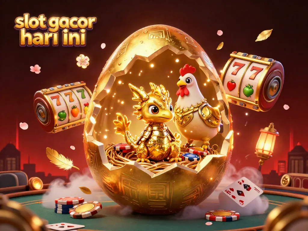 Gambarlah slot gacor hari ini, dengan telur emas raksasa yang retak dan naga emas serta simbol slot.