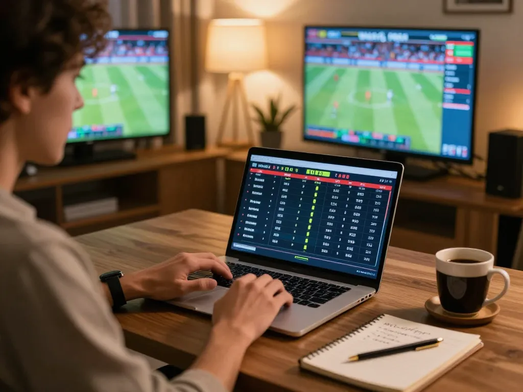 Kèo nhà cái 5 analysis at home setup for strategic sports betting with multiple screens.