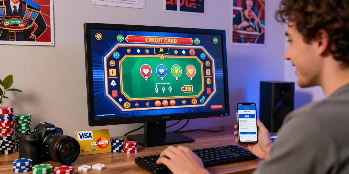 Engaging player at a computer enjoying credit card casinos at https://dea.org.uk with vibrant game graphics and banking tools.