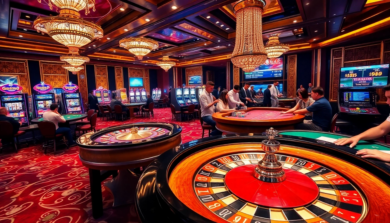 Exciting gaming scene at trang chủ U888 with roulette and poker tables in a luxurious casino.