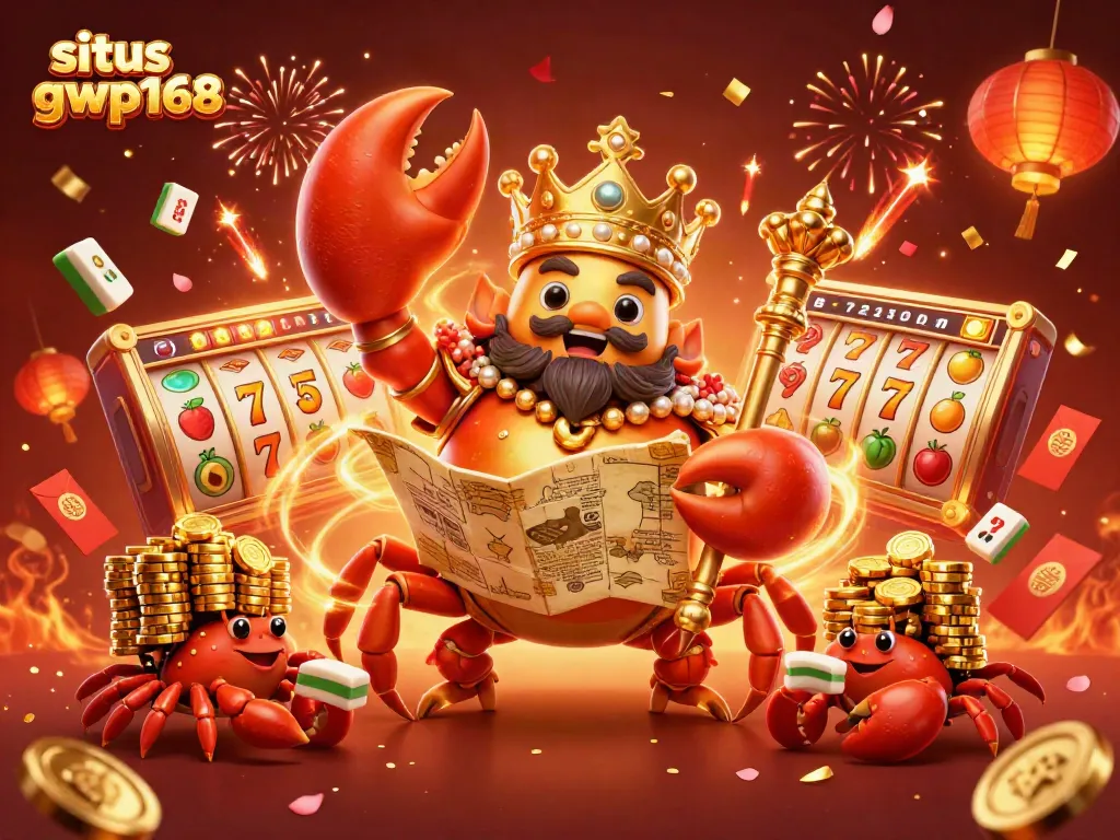 Menangkan hadiah di situs gwp168 dengan pemimpin krustasea emas yang memegang peta harta karun.