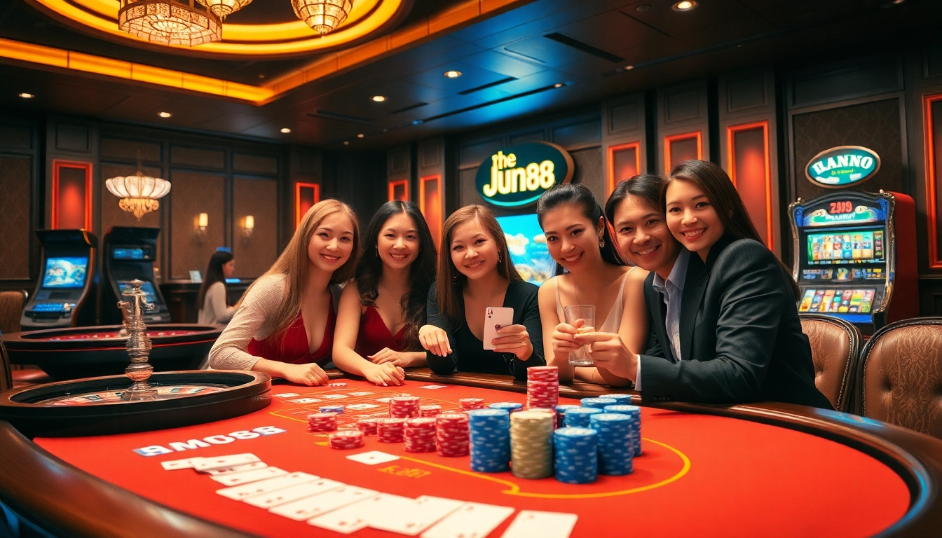 Players enjoying high-stakes games at Jun88 casino, showcasing excitement and strategy.