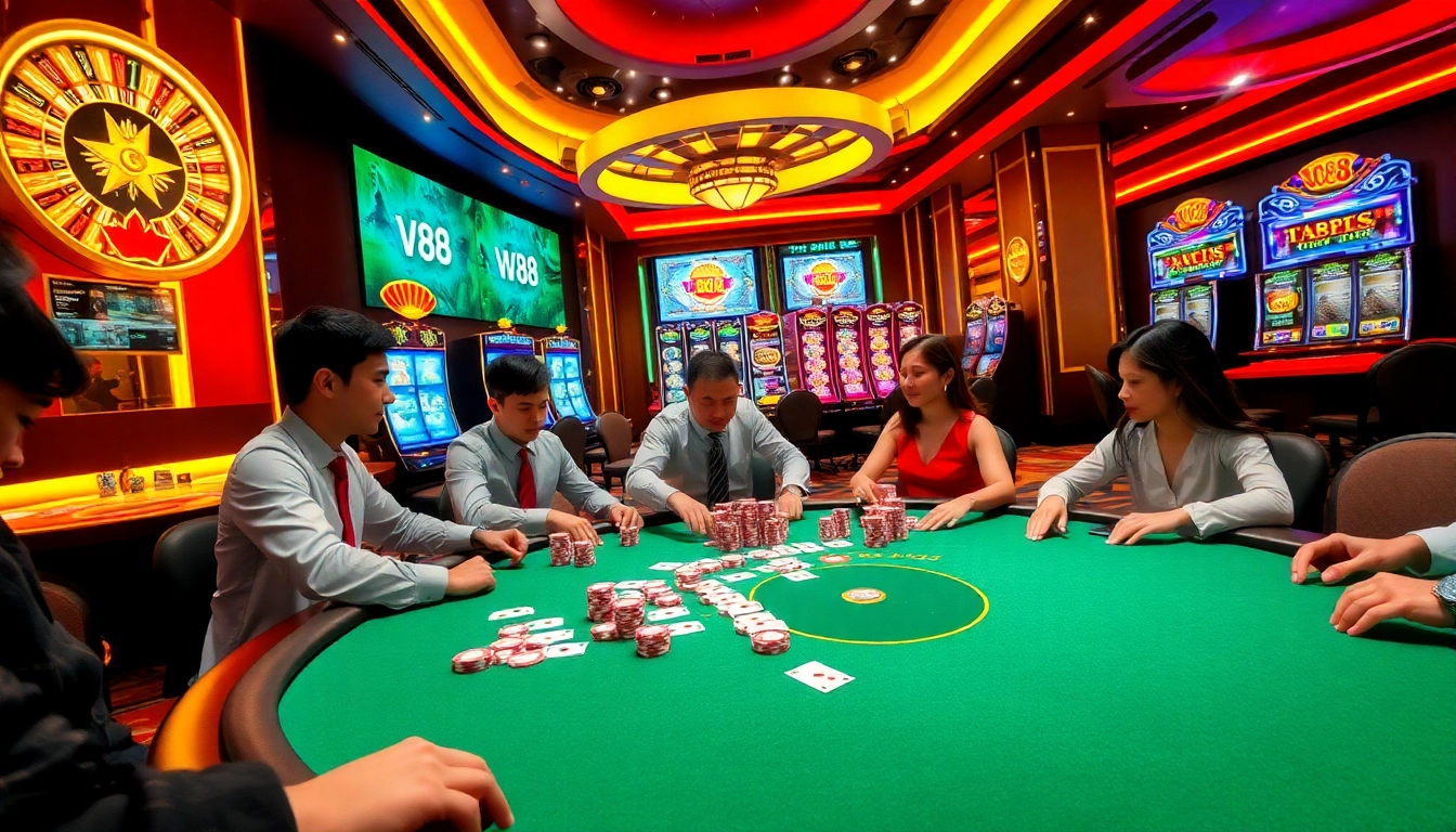 Engage in an exciting poker game at vn88, featuring colorful chips and a roulette wheel.
