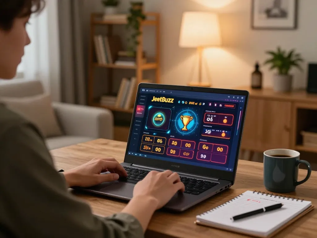 Engaging online gaming session on Jeetbuzz with vibrant graphics displayed on laptop in cozy home setting.