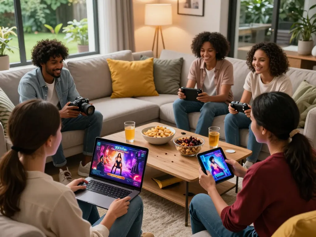 Engaged players enjoying html porn games on multiple devices in a cozy living room, showcasing a 3D sex simulator and interactive adult games.
