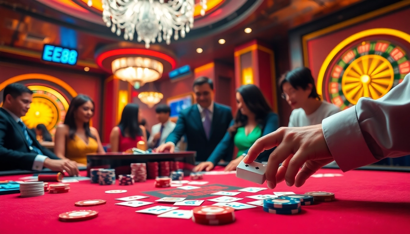 Experience thrilling gaming at EE88 with casino tables, vibrant chips, and engaging players.
