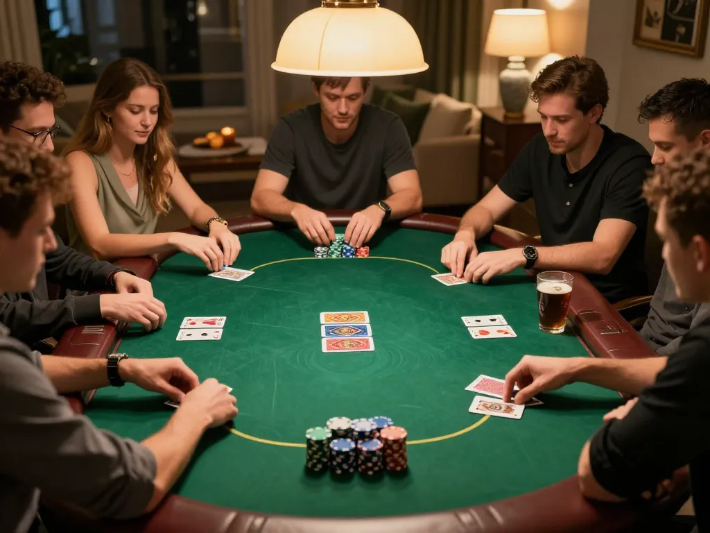 Players enjoy a round of poker at a home game night, showcasing MM88 strategy and competitive spirit.