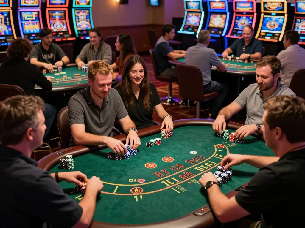 Players enjoying engaging poker and blackjack games at Rik VIP casino with vibrant atmosphere.