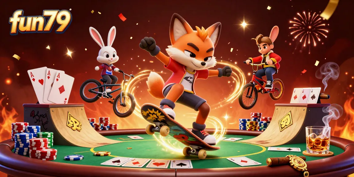 Experience fun79 through a dynamic 3D scene with gaming characters and vibrant casino elements.