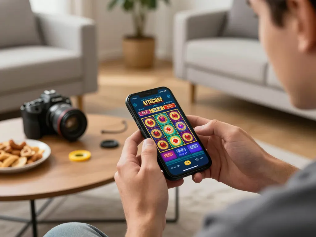 Engaging with AZTEC888 mobile app for online slot gaming in a cozy home setting.