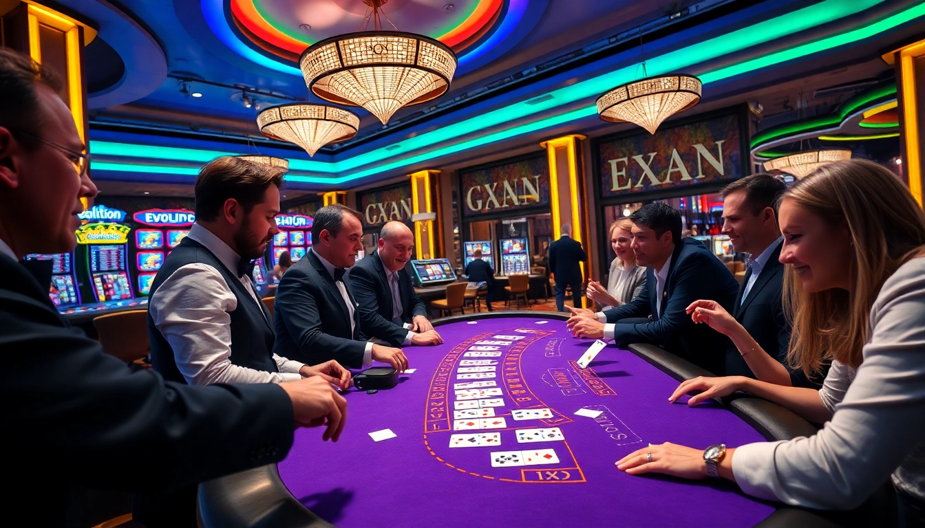 Experience Evolution แบล็คแจ็ค ออนไลน์ with players at a vibrant blackjack table, strategizing their bets.