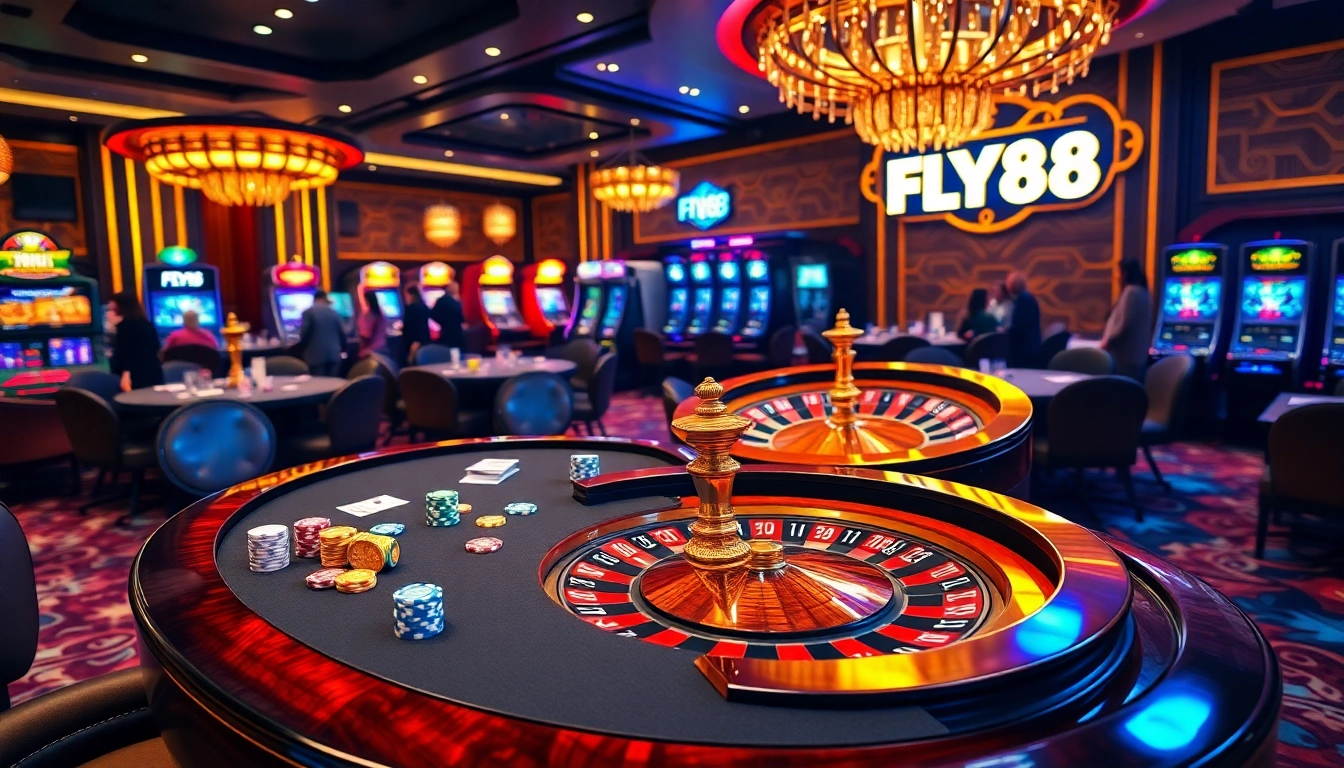 Engage in thrilling FLY88 casino adventures with luxurious gaming tables and vibrant decorations.