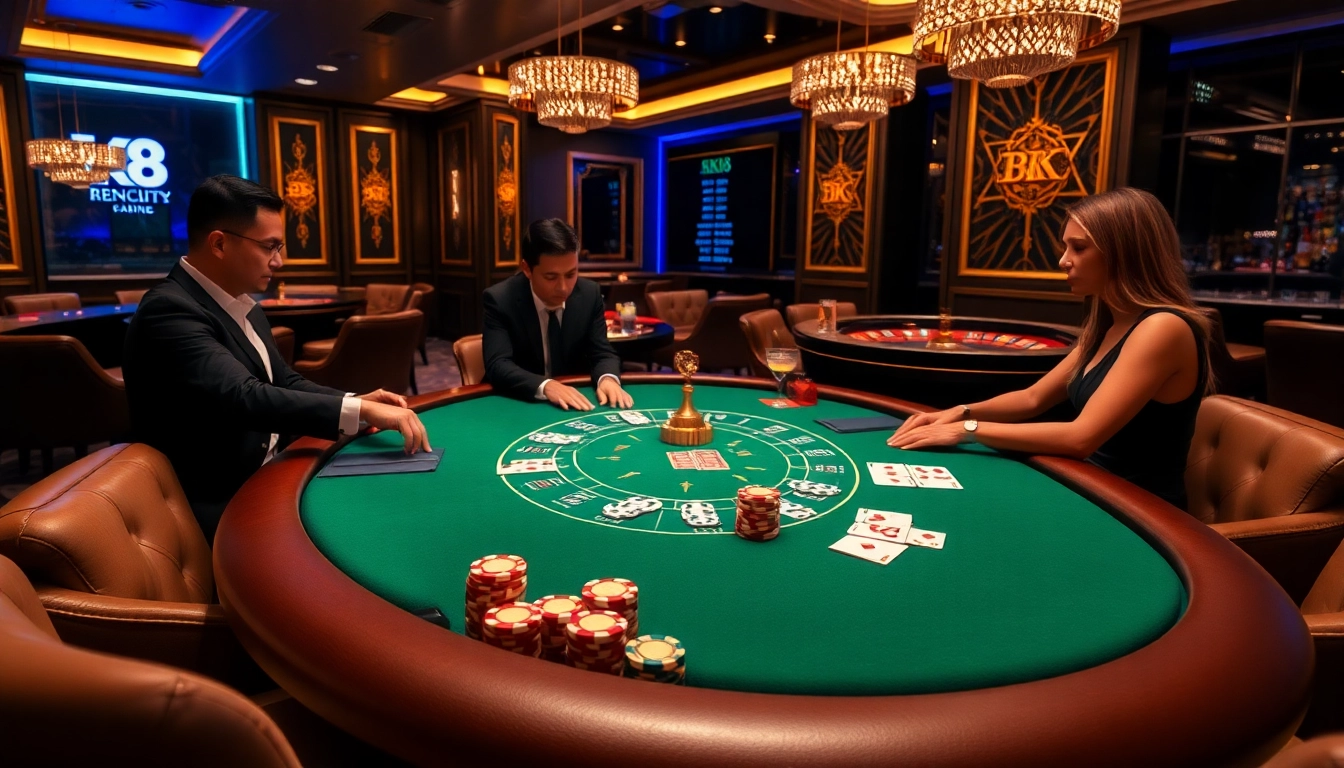 Experience the excitement at BK8 with a vibrant casino table and professional poker gameplay.