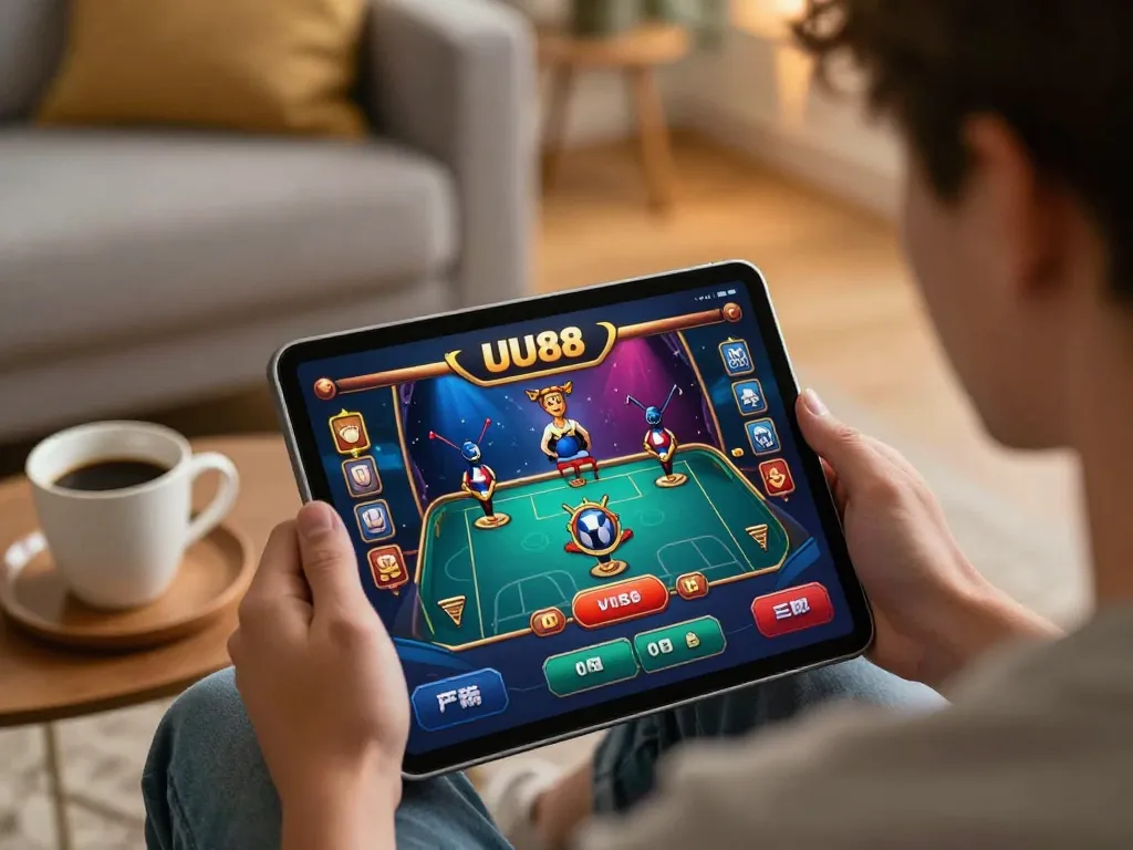 UU88 player enjoying online gaming on a tablet in a cozy setting while placing strategic bets.