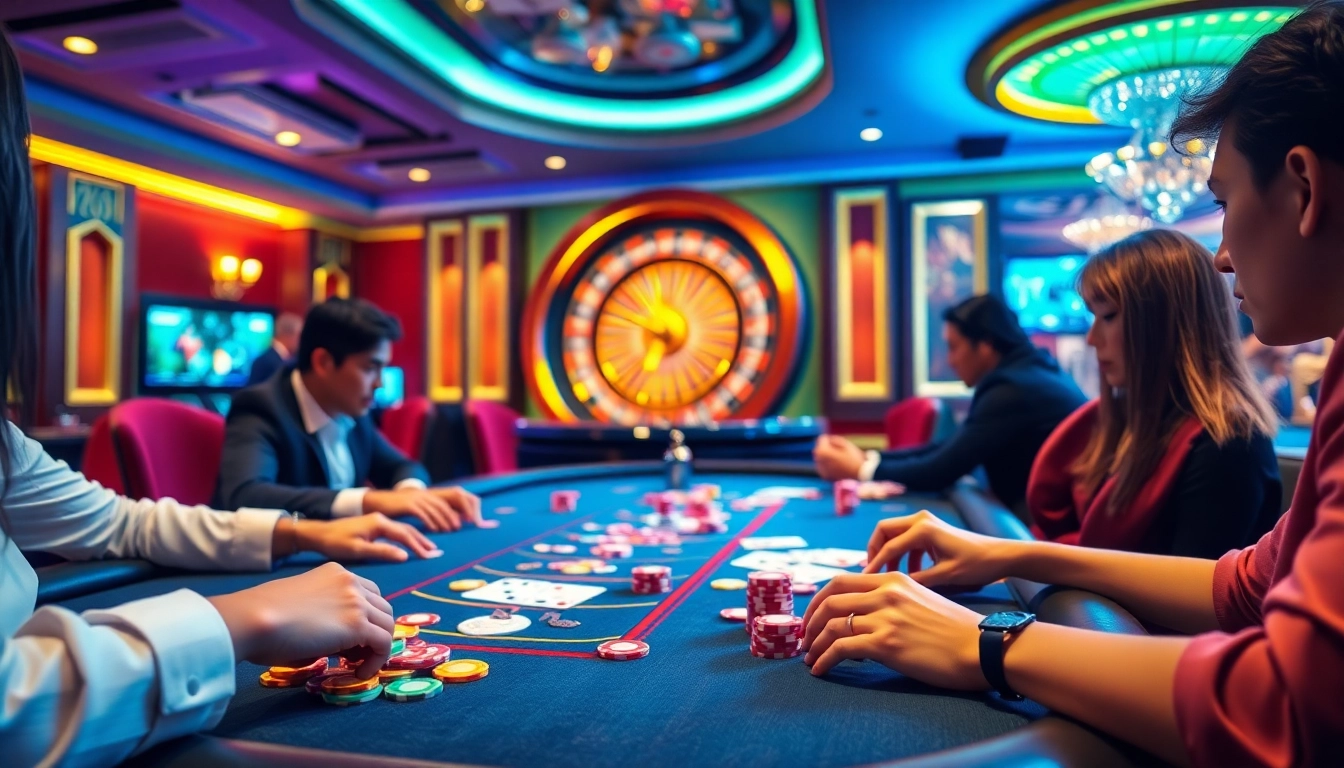 mm88 players enjoying an engaging poker game at a luxurious casino table surrounded by vibrant decor.