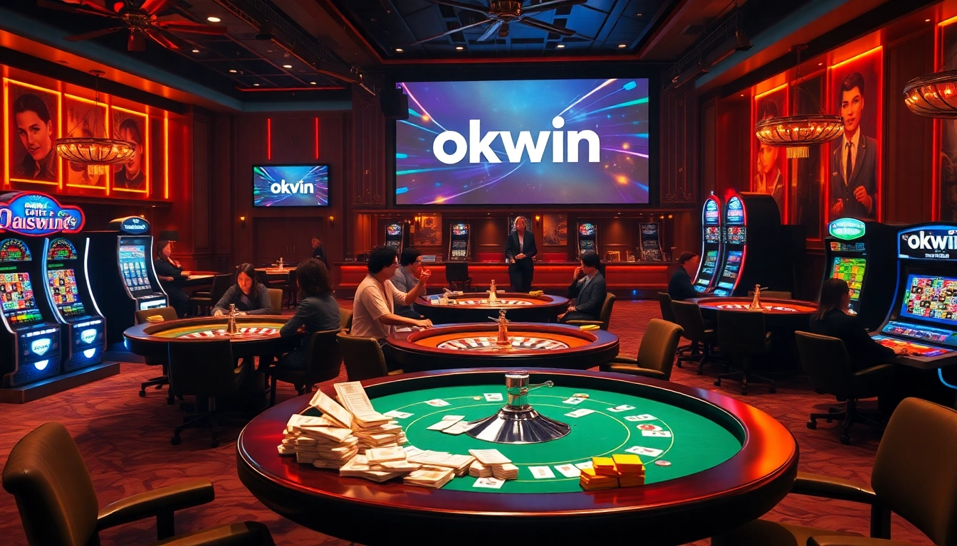 Players enjoying poker in a vibrant casino while using the okwin app for betting.