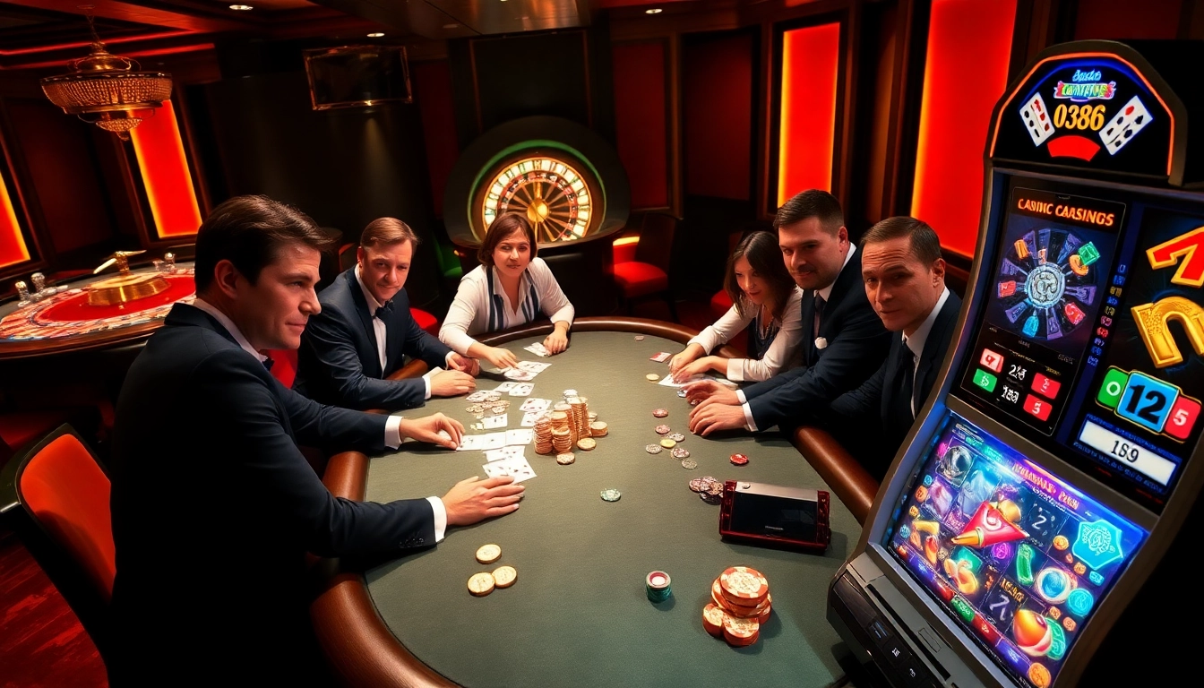 Players enjoy a thrilling poker game at the casino, embracing the excitement of OK8386 with vibrant chips and cards.