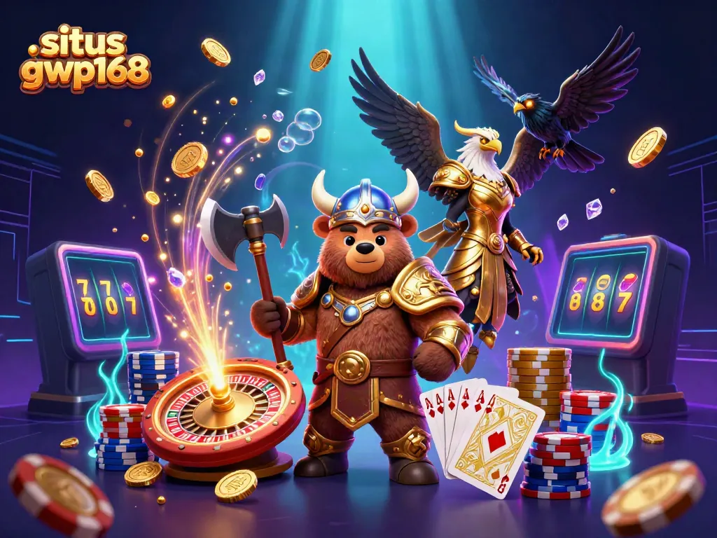 Rasakan pengalaman menarik di situs gwp168 dengan ilustrasi kasino langsung yang menampilkan beruang Viking dan elang Valkyrie.