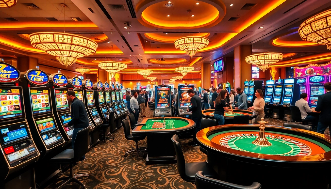 Arus hoki mengalir di kasino dengan mesin slot berkilauan dan meja roulette.