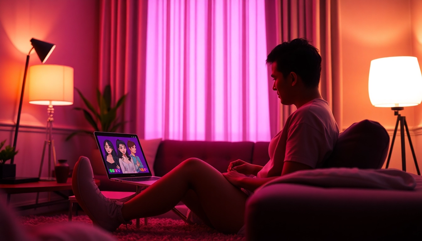 Engaging NSFW AI chat scene with modern tech, warm lighting, and intimate decor.