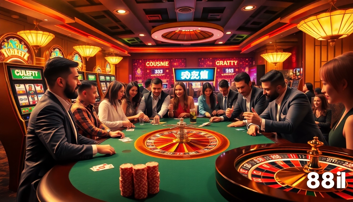 Experience excitement at 88I's luxurious casino with poker tables, slot machines, and vibrant gameplay.