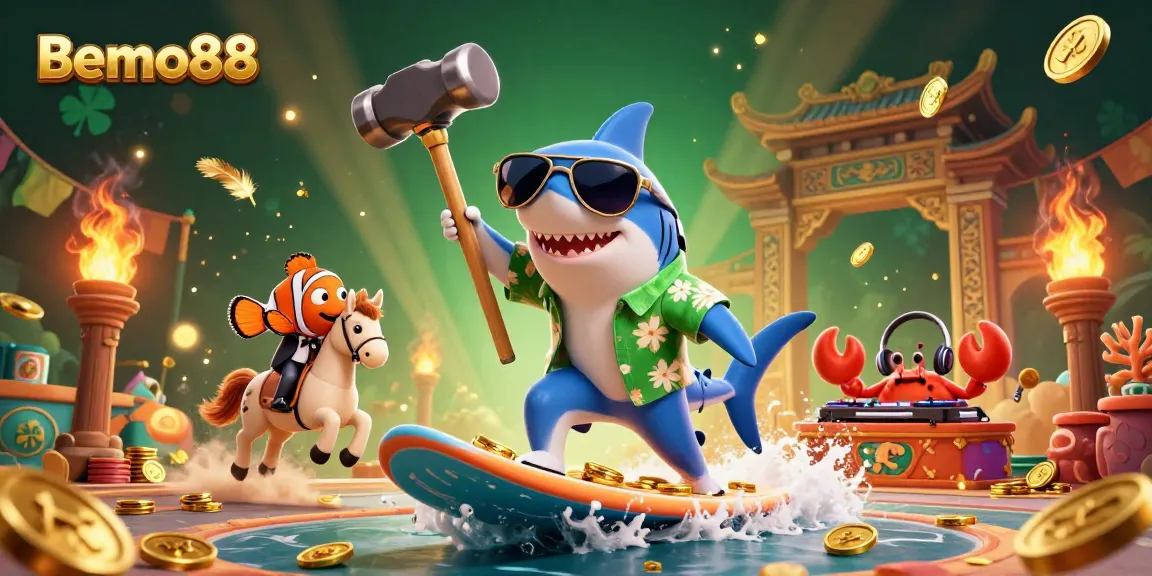 Bemo88 creates excitement with a cartoon shark and friends in a vibrant gambling scene.