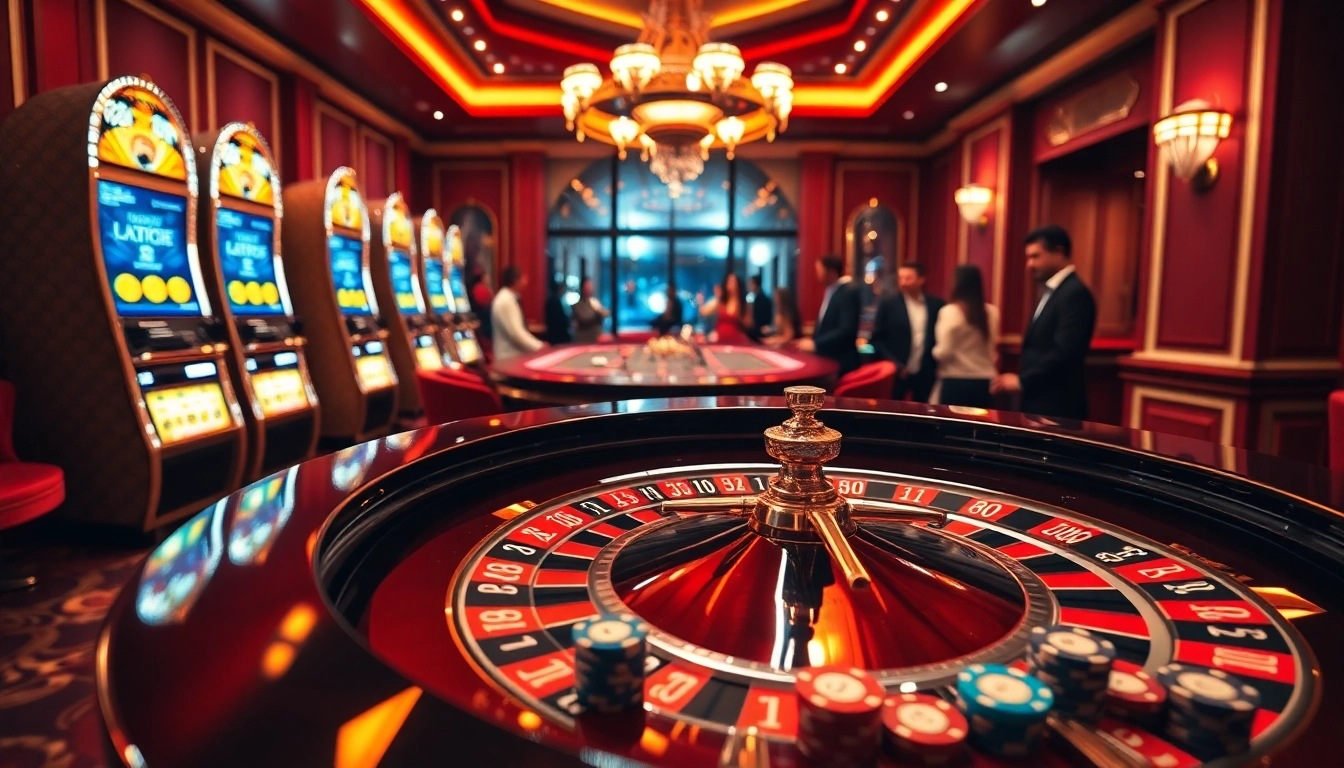 Experience the thrilling atmosphere of https://669bett.com.br/ with players enjoying roulette and vibrant slot machines.