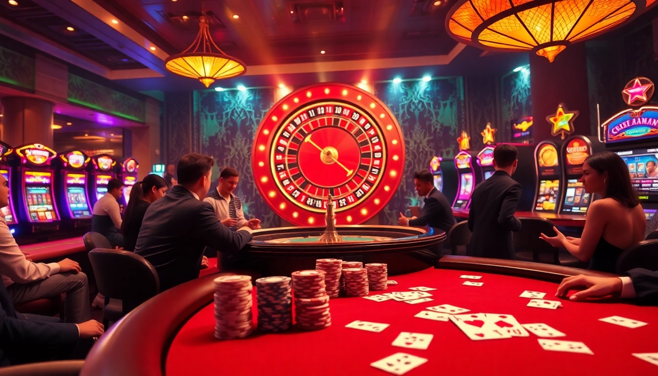 Nohu90 players enjoying a thrilling game of poker surrounded by bright casino lights.